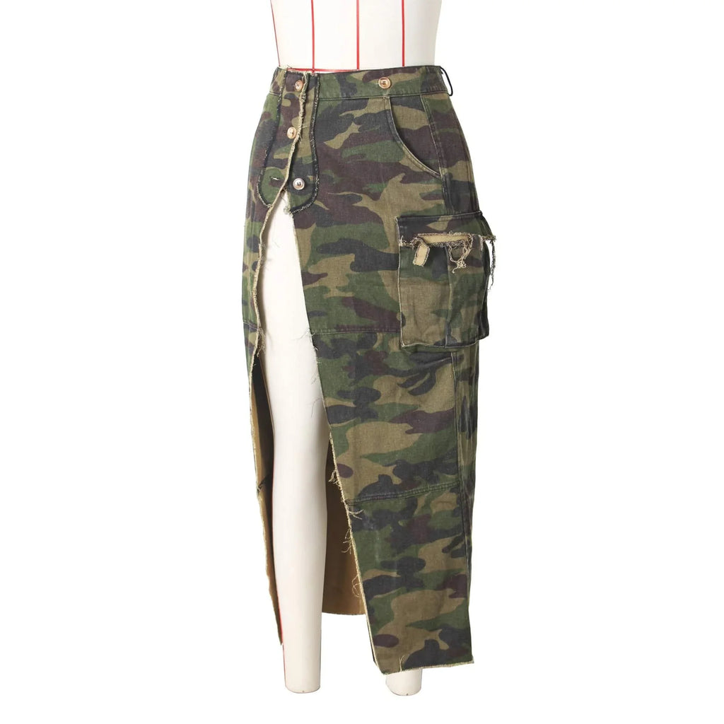 Phoebe Pocket Button Personalized Camouflage Pocket Slit Tassel Skirt - Vestir en Moda
