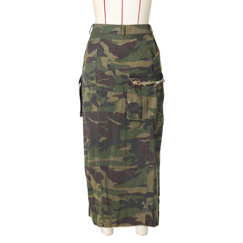 Phoebe Pocket Button Personalized Camouflage Pocket Slit Tassel Skirt - Vestir en Moda