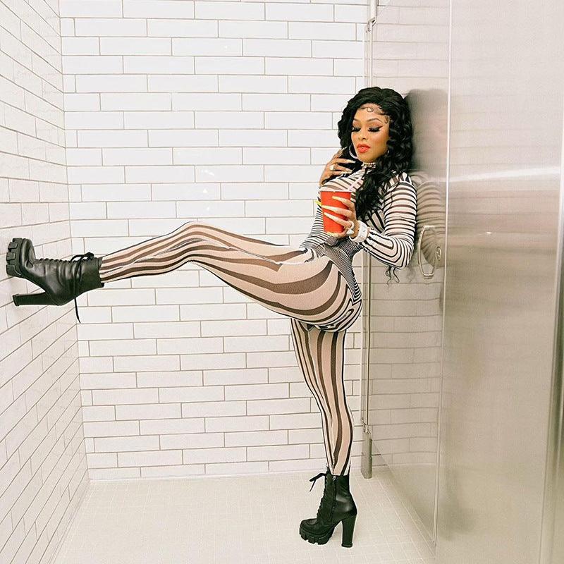 Piper Long Sleeve Striped Mesh Printed Sexy Sheath Slim Fit Trousers Set - Vestir en Moda