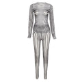 Piper Long Sleeve Striped Mesh Printed Sexy Sheath Slim Fit Trousers Set - Vestir en Moda