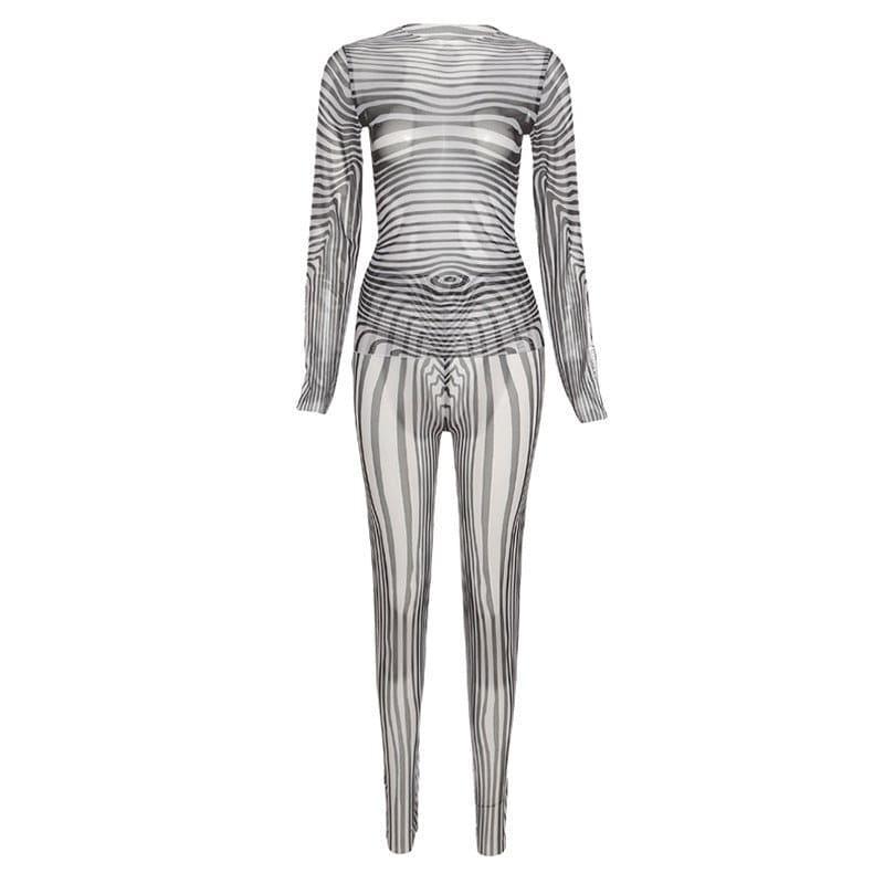 Piper Long Sleeve Striped Mesh Printed Sexy Sheath Slim Fit Trousers Set - Vestir en Moda