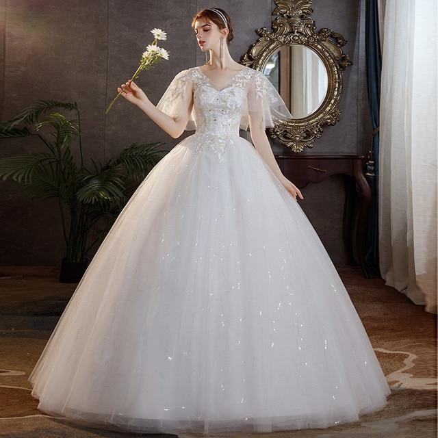 Sexy V Neck Simple Plus Size Wedding Dress Lace Flower