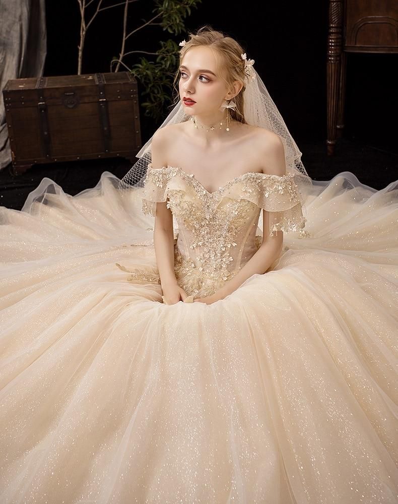 Shiny Vintage Wedding Dresses Off Shoulder with Crystal Bead