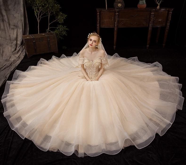 Shiny Vintage Wedding Dresses Off Shoulder with Crystal Bead