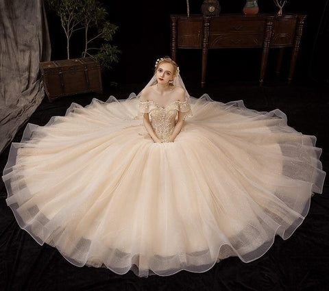 Shiny Vintage Wedding Dresses Off Shoulder with Crystal Bead