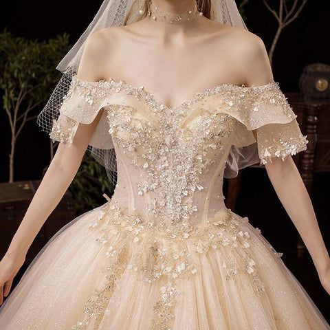 Shiny Vintage Wedding Dresses Off Shoulder with Crystal Bead