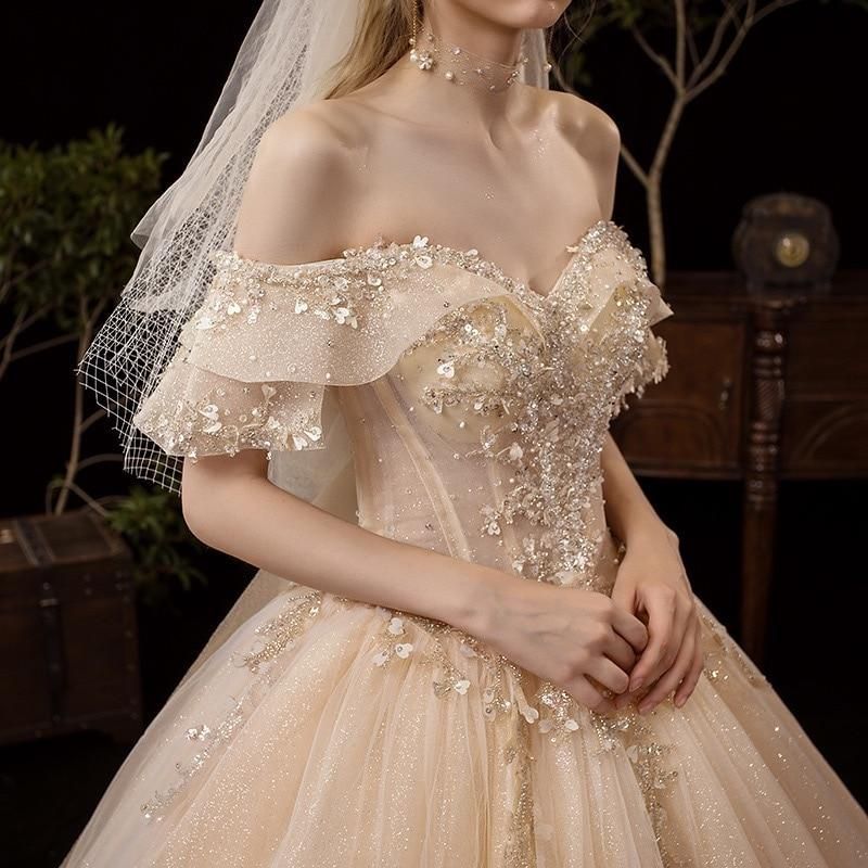 Shiny Vintage Wedding Dresses Off Shoulder with Crystal Bead