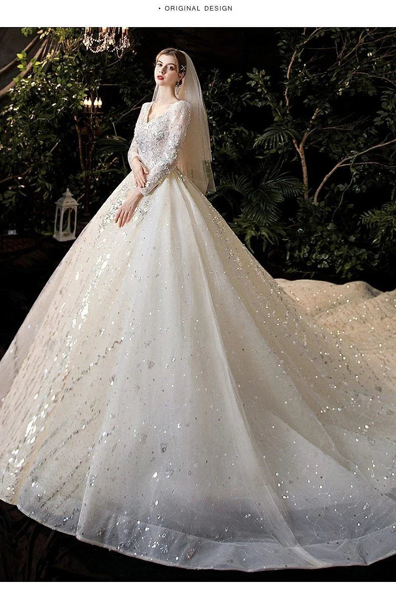 Luxury Princess Long Sleeves Wedding Dress with Crystal Sequined Lace