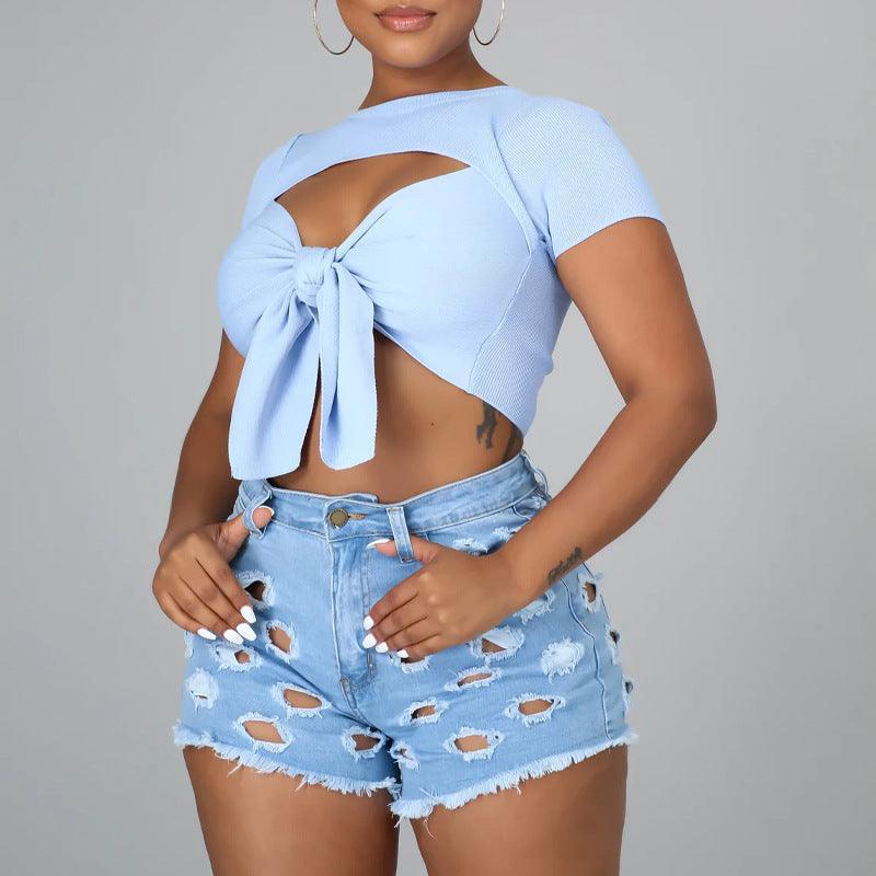 Rachel Solid Color Ripped High Waist Stretch Cotton Jeans - Vestir en Moda