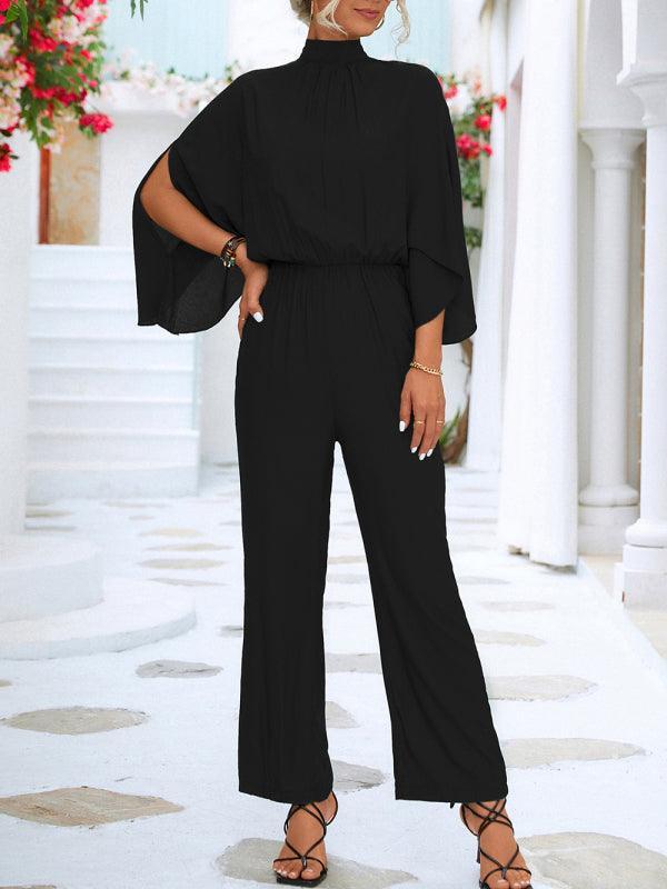 Rafaela Women Solid Color Slit Sleeve Mock Neck Jumpsuits - Vestir en Moda