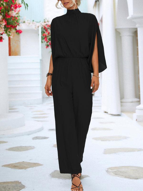 Rafaela Women Solid Color Slit Sleeve Mock Neck Jumpsuits - Vestir en Moda