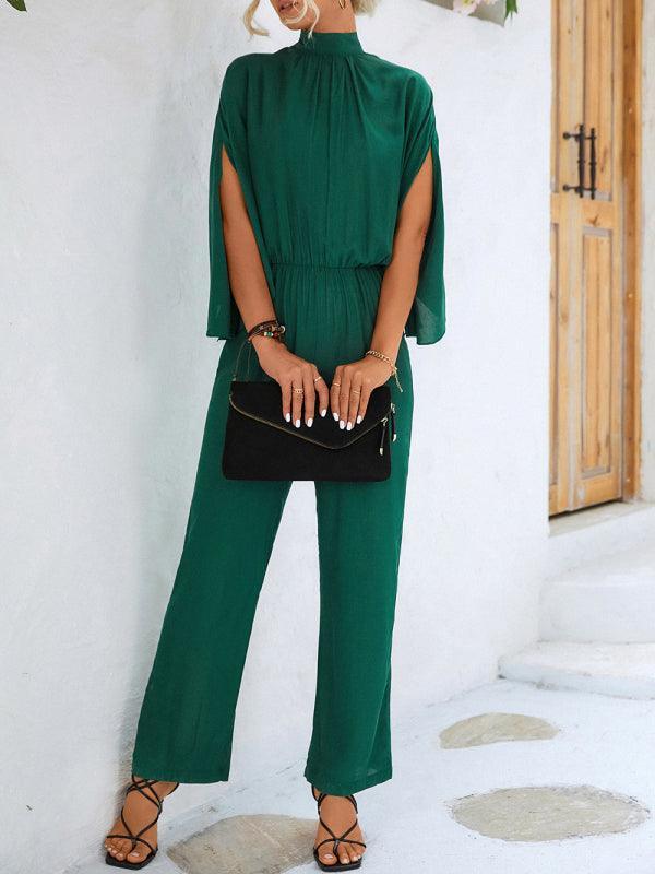 Rafaela Women Solid Color Slit Sleeve Mock Neck Jumpsuits - Vestir en Moda