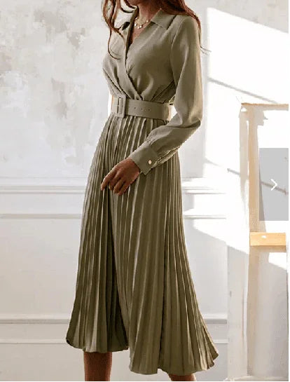 Raquel Women Winter V neck Belt Pleated Dresses - Vestir en Moda