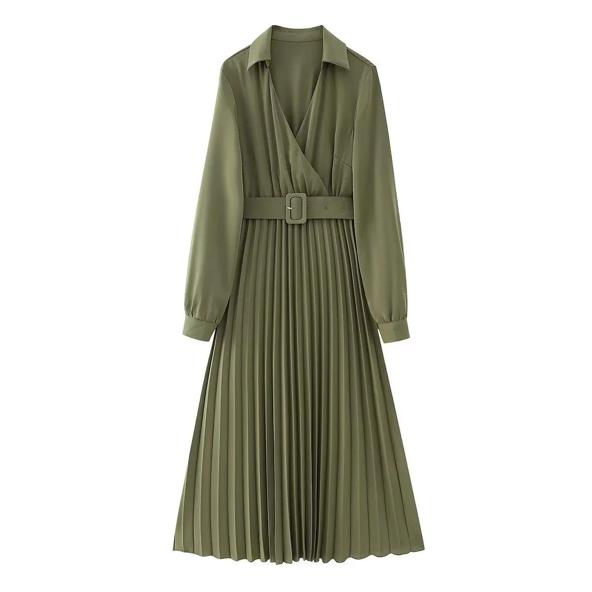 Raquel Women Winter V neck Belt Pleated Dresses - Vestir en Moda