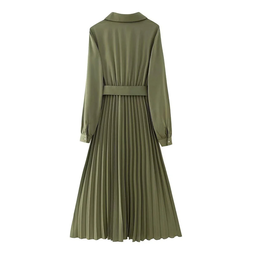 Raquel Women Winter V neck Belt Pleated Dresses - Vestir en Moda