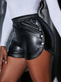 Raya Side Button PU Leather High Waist Solid Color Slit Shorts - Vestir en Moda
