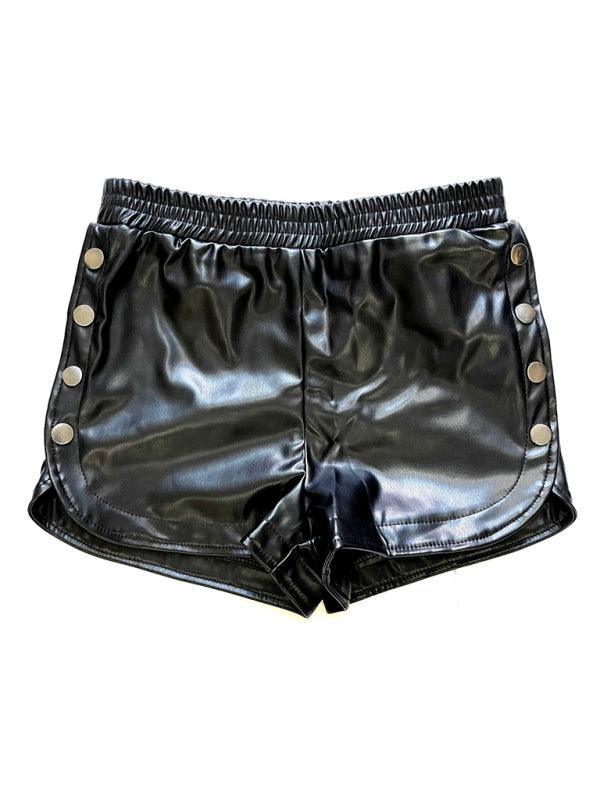 Raya Side Button PU Leather High Waist Solid Color Slit Shorts - Vestir en Moda