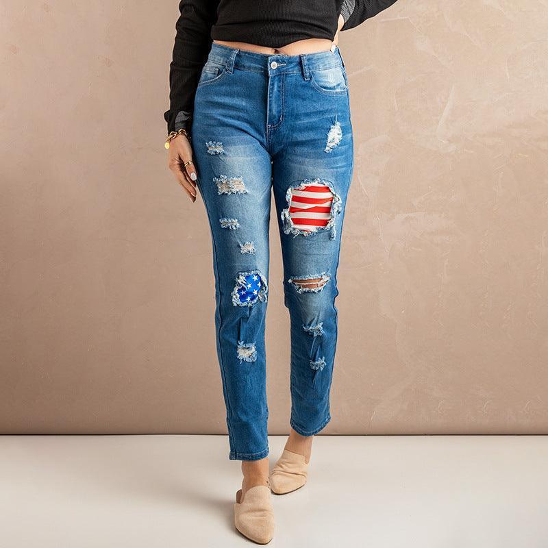Regina Straight American Flag Ripped Denim Jeans - Vestir en Moda