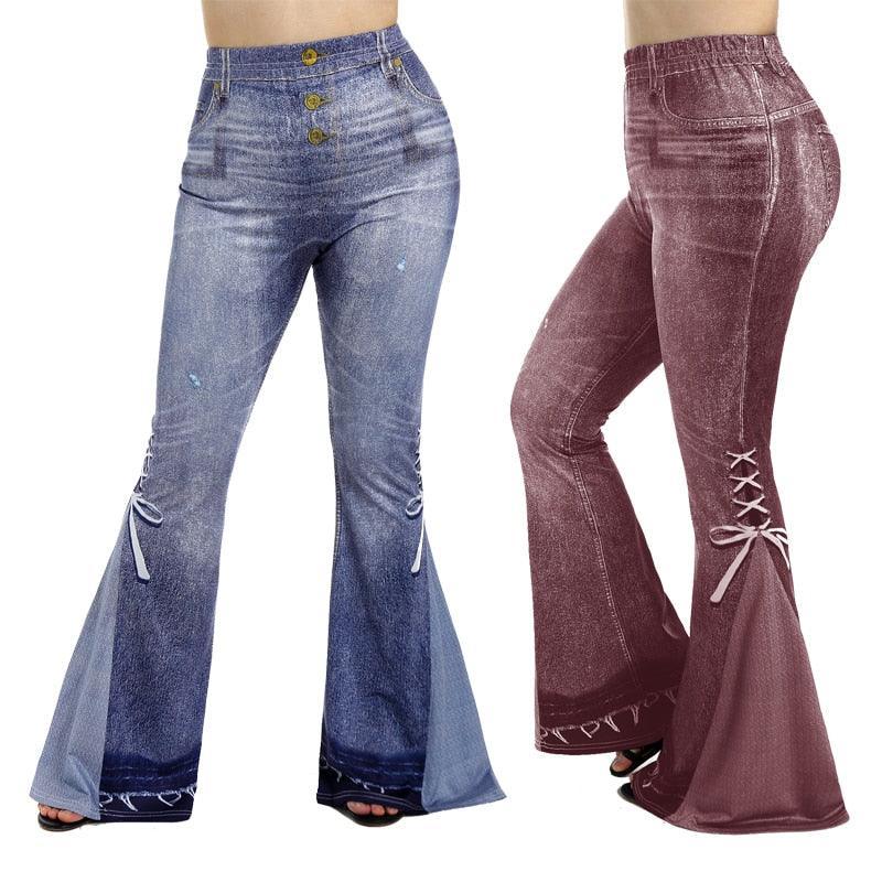 Remi Plus Size Jeans Lace Up Printed Flare Elastic High Waist Denim - Vestir en Moda