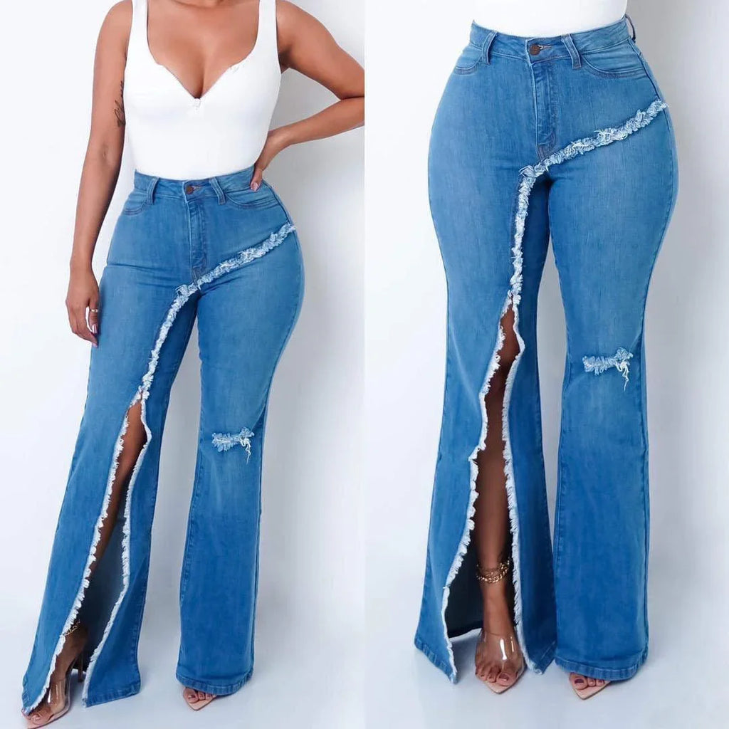 Rhea New Style Elastic Ripped Flared Denim Blue Jeans - Vestir en Moda