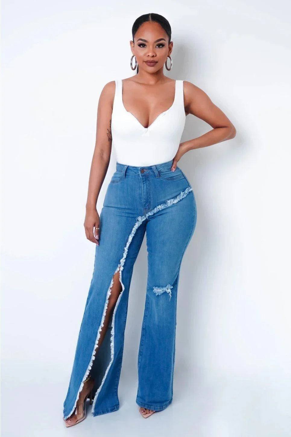 Rhea New Style Elastic Ripped Flared Denim Blue Jeans - Vestir en Moda
