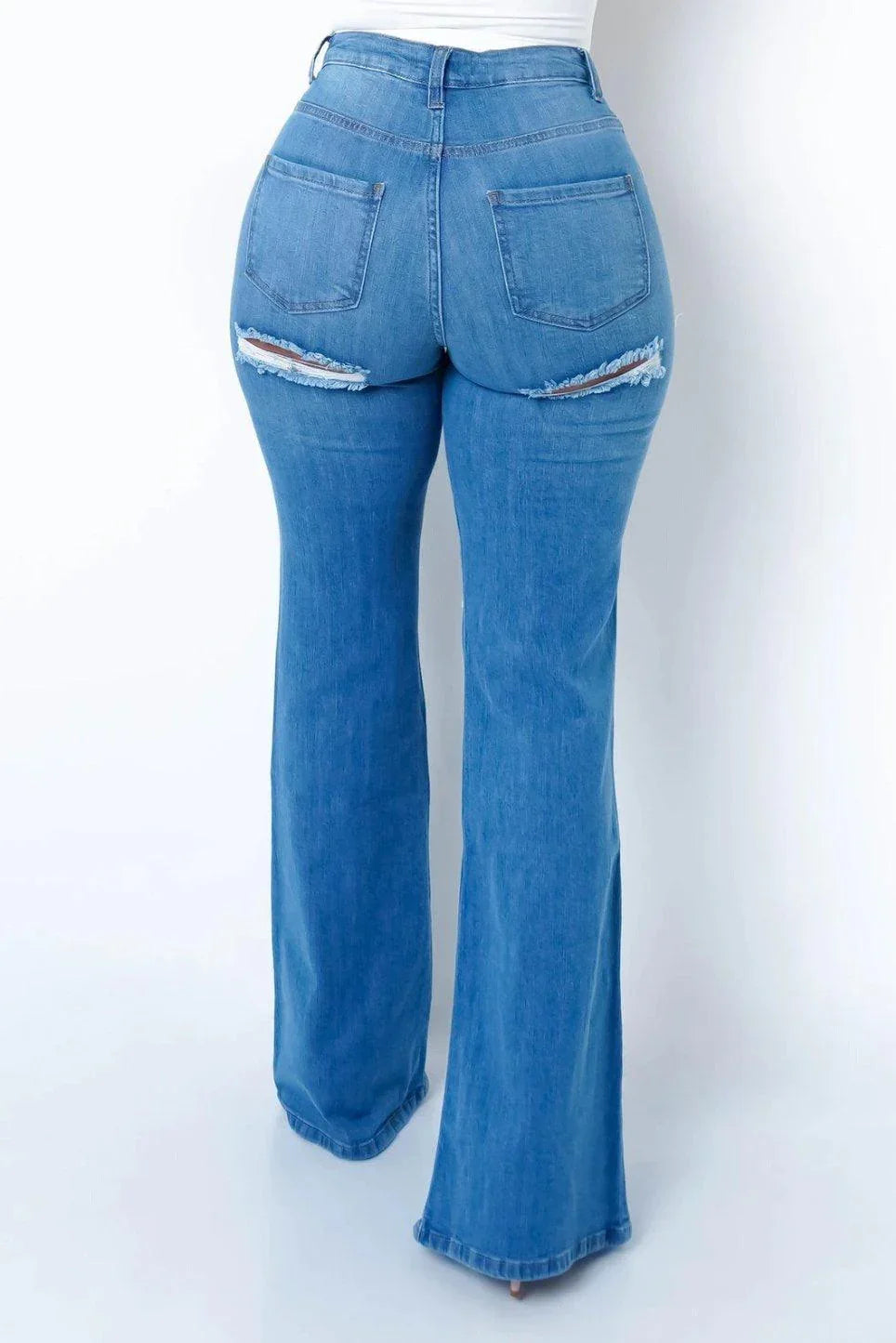 Rhea New Style Elastic Ripped Flared Denim Blue Jeans - Vestir en Moda