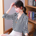 Rita Striped Long Sleeve V-neck Chiffon Blouse - Vestir en Moda
