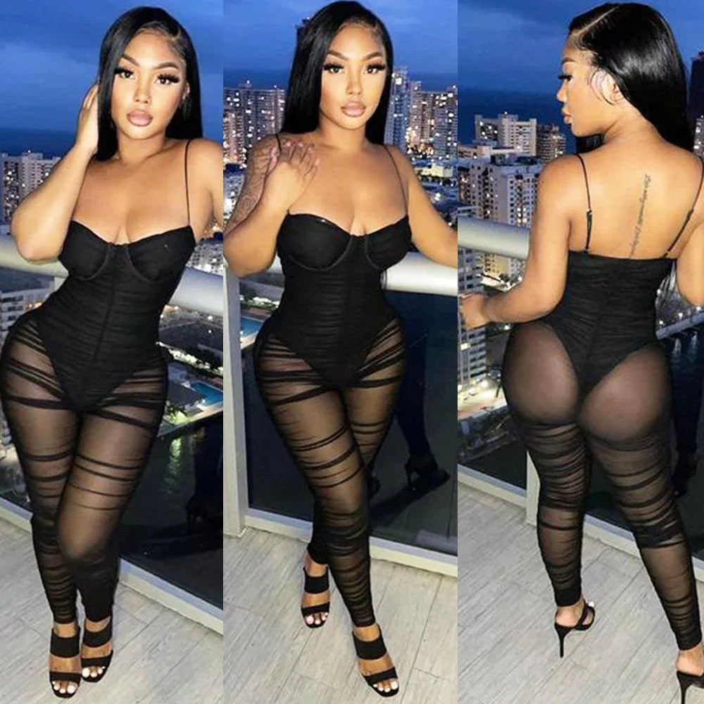 Rosalia Fashion Sexy Mesh See-Through Suspenders Jumpsuit - Vestir en Moda