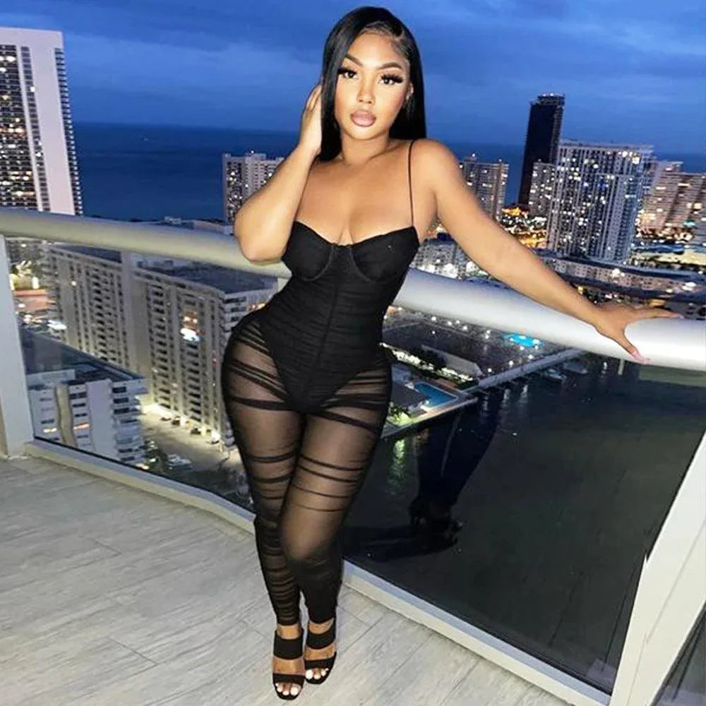Rosalia Fashion Sexy Mesh See-Through Suspenders Jumpsuit - Vestir en Moda