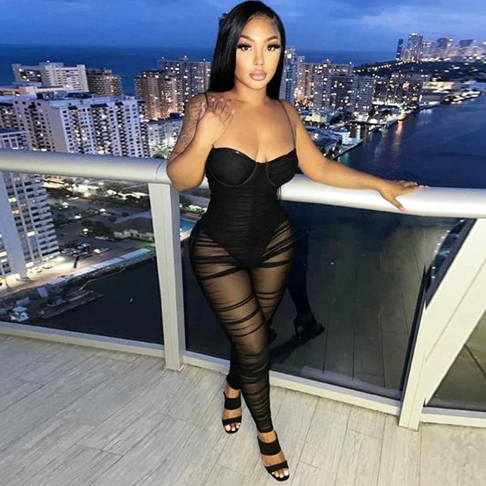 Rosalia Fashion Sexy Mesh See-Through Suspenders Jumpsuit - Vestir en Moda