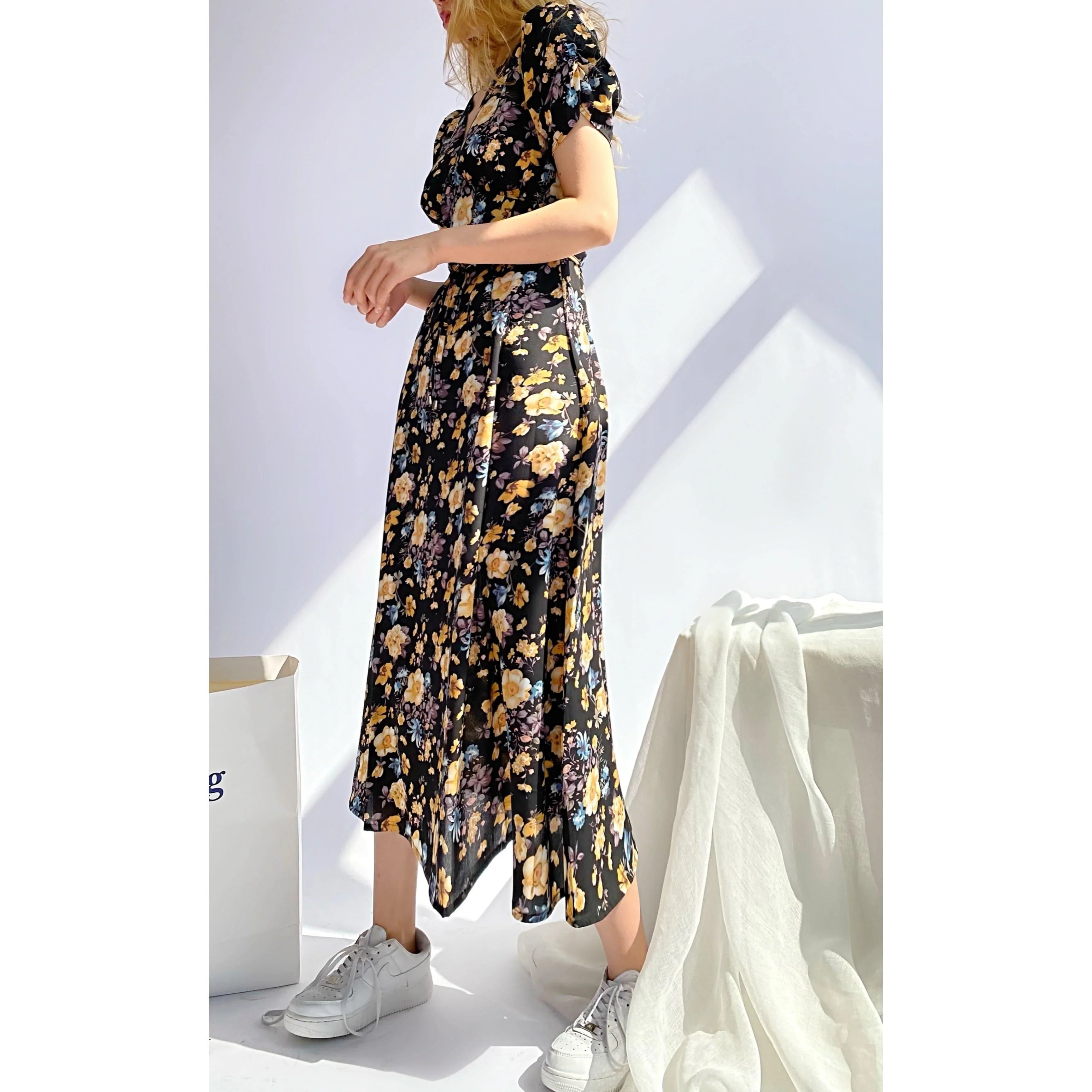 Rosanna Autumn New Fashion Small Floral Tie-Neck Waist Dresses - Vestir en Moda