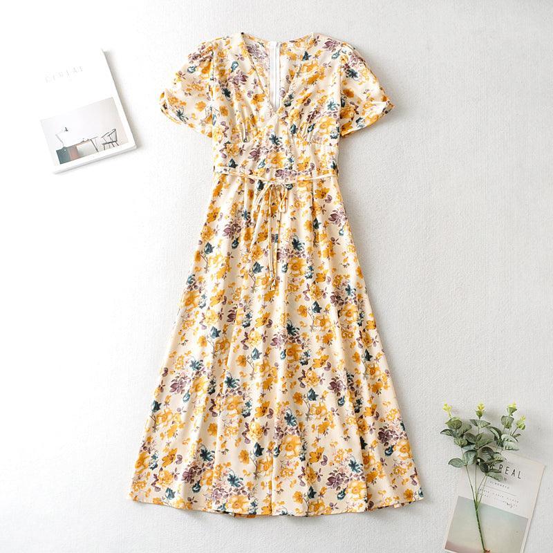 Rosanna Autumn New Fashion Small Floral Tie-Neck Waist Dresses - Vestir en Moda