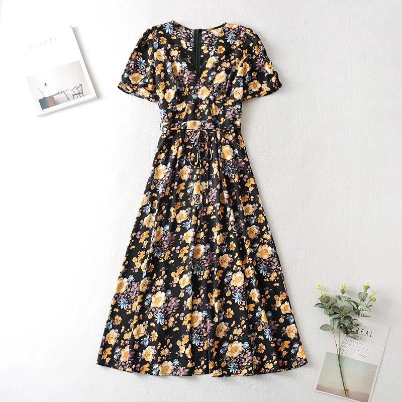 Rosanna Autumn New Fashion Small Floral Tie-Neck Waist Dresses - Vestir en Moda