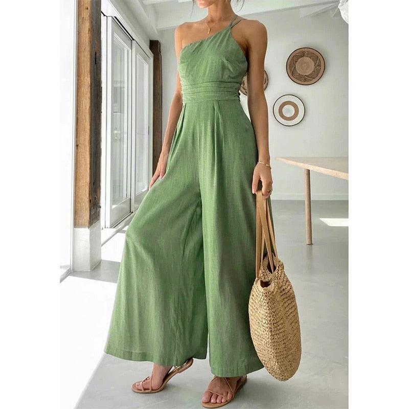 Rosario Backless Double Strap Casual Wide Leg Long Jumpsuits - Vestir en Moda