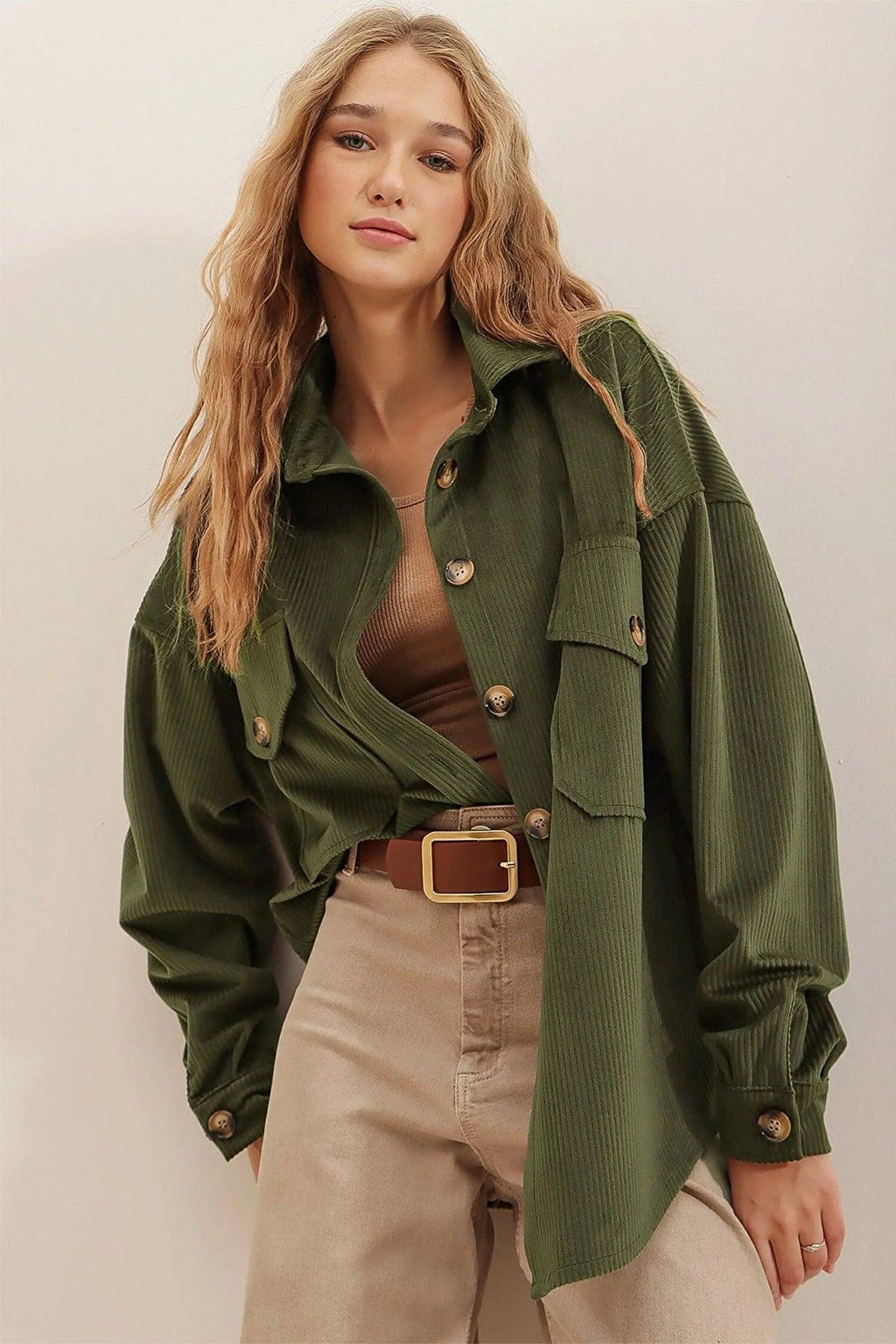 Ruth Loose Corduroy Pocket Long Sleeve Irregular Jacket - Vestir en Moda