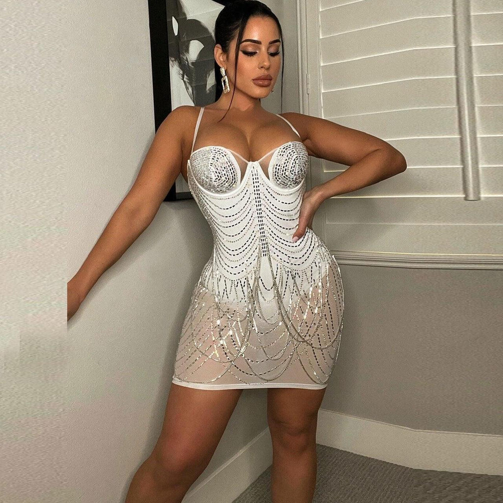 Rutt Sexy Slim Fit Rhinestone Tassel minit Dress - Vestir en Moda