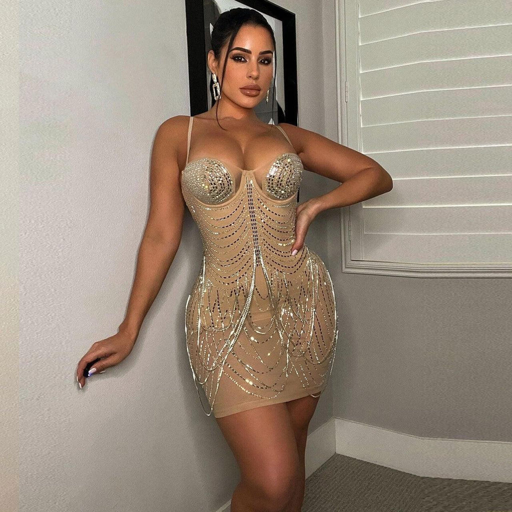 Rutt Sexy Slim Fit Rhinestone Tassel minit Dress - Vestir en Moda