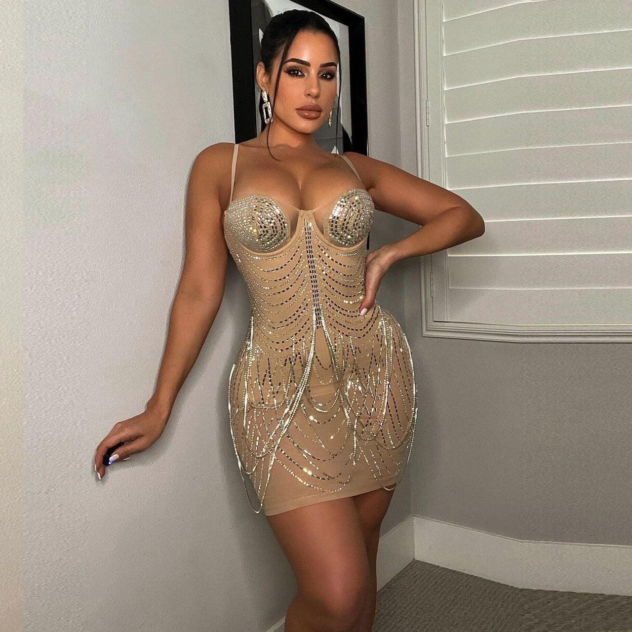Rutt Sexy Slim Fit Rhinestone Tassel minit Dress - Vestir en Moda