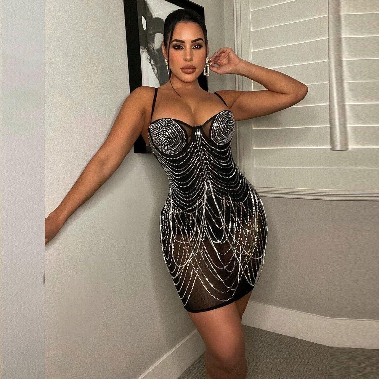 Rutt Sexy Slim Fit Rhinestone Tassel minit Dress - Vestir en Moda