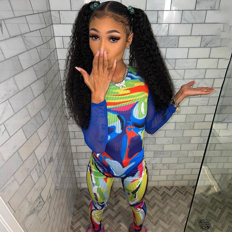 Rylee Printed Stitching Long Sleeve Slim Fit Skinny Two Piece Set - Vestir en Moda