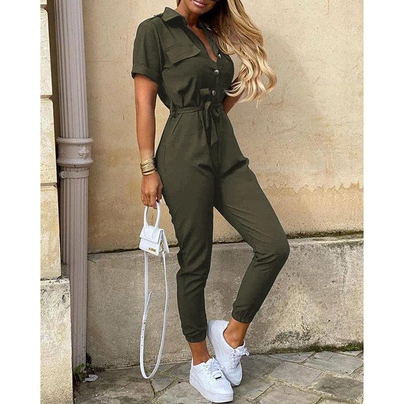 Sabina Women Elegant Casual Lapel Buckle Jumpsuits - Vestir en Moda