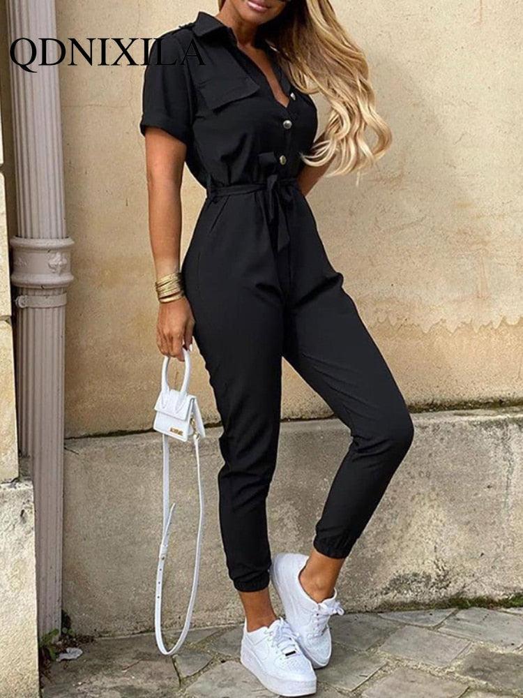 Sabina Women Elegant Casual Lapel Buckle Jumpsuits - Vestir en Moda