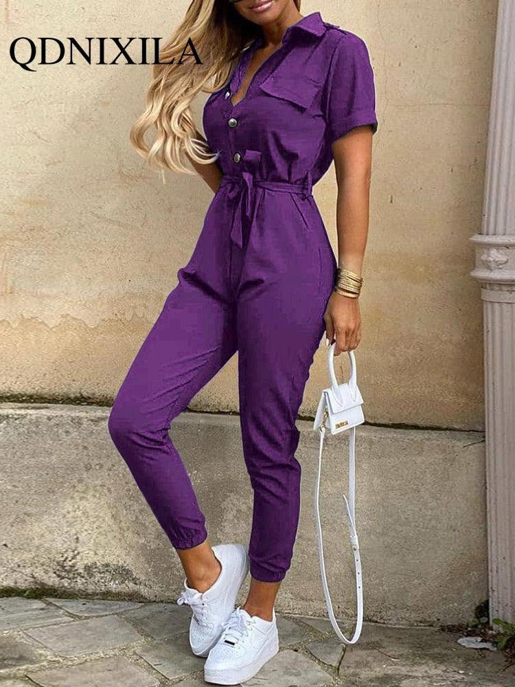 Sabina Women Elegant Casual Lapel Buckle Jumpsuits - Vestir en Moda