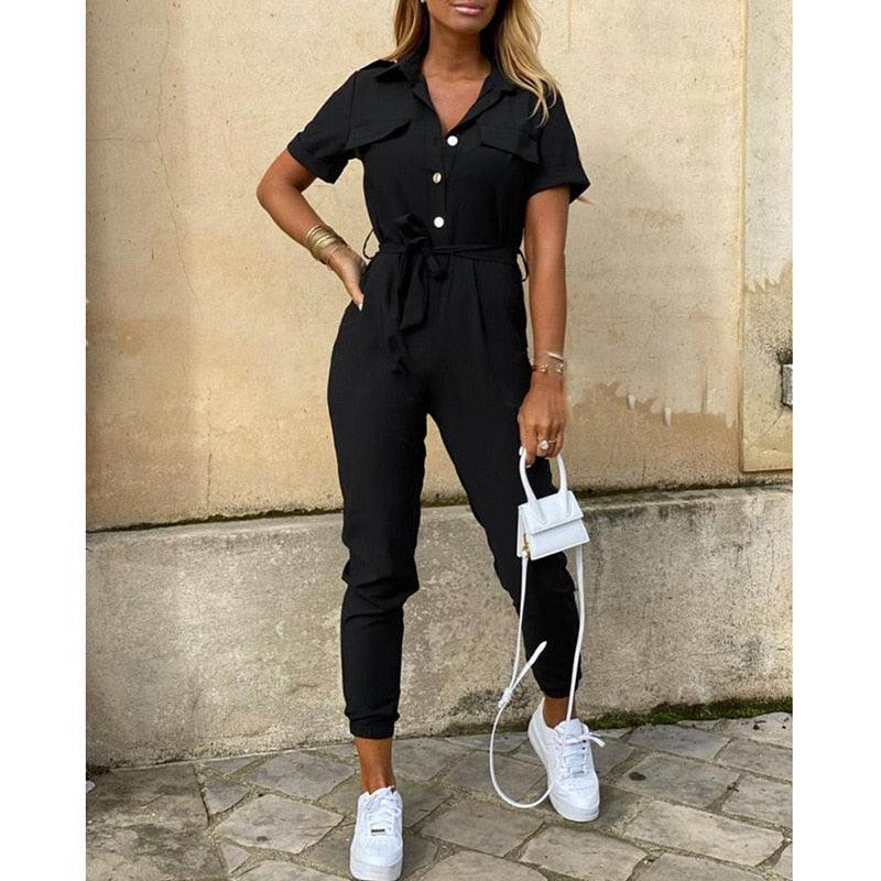Sabina Women Elegant Casual Lapel Buckle Jumpsuits - Vestir en Moda