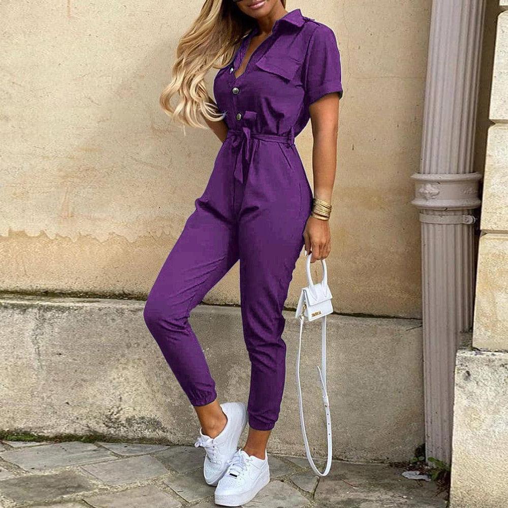 Sabina Women Elegant Casual Lapel Buckle Jumpsuits - Vestir en Moda