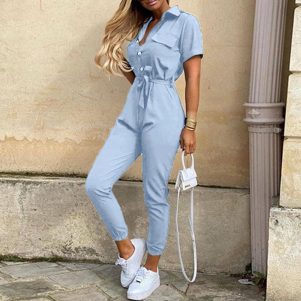 Sabina Women Elegant Casual Lapel Buckle Jumpsuits - Vestir en Moda