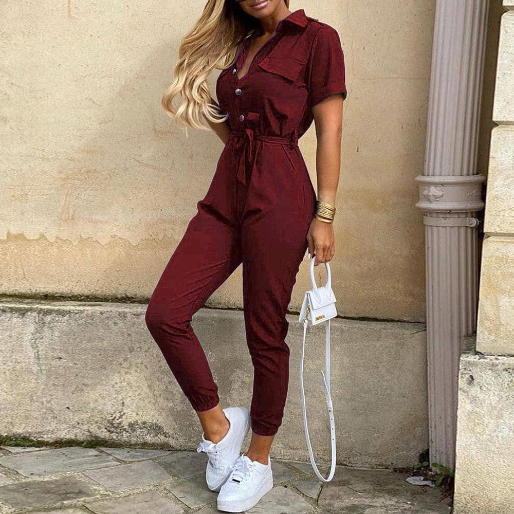 Sabina Women Elegant Casual Lapel Buckle Jumpsuits - Vestir en Moda