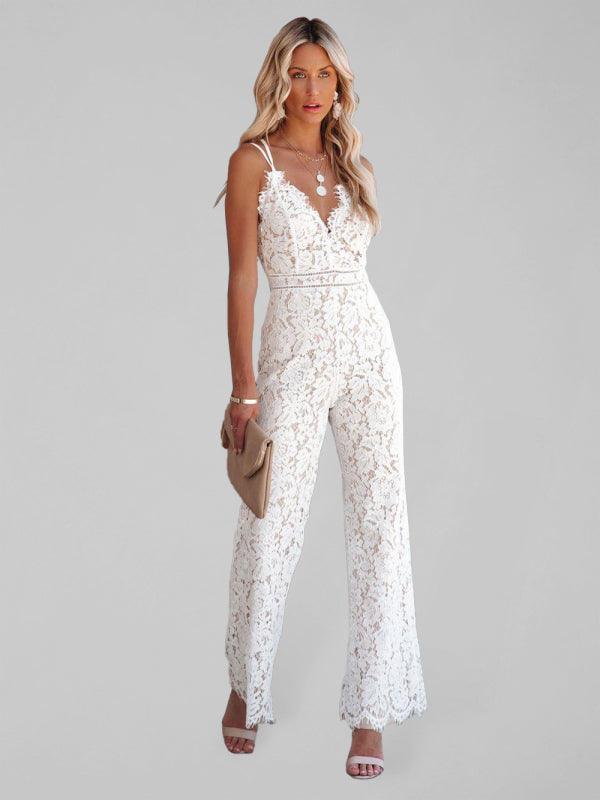 Sandra Women Solid Color V-neck Straps Lace Jumpsuits - Vestir en Moda