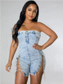 Sara Off Shoulder Chain Decor Jean Romper - Vestir en Moda