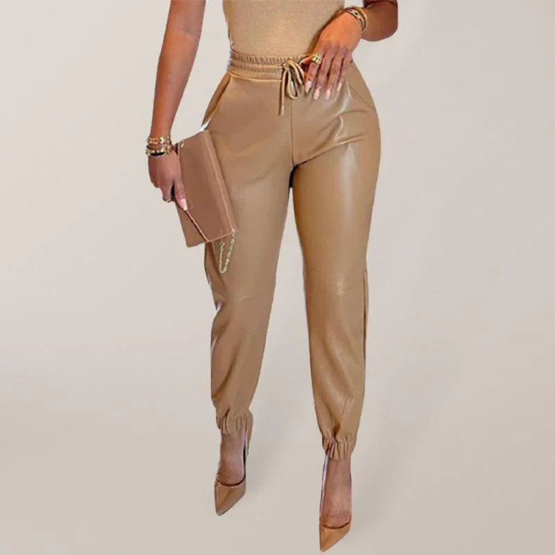 Sarai Mid Waist Solid Color PU Faux Leather Drawstring Pants - Vestir en Moda